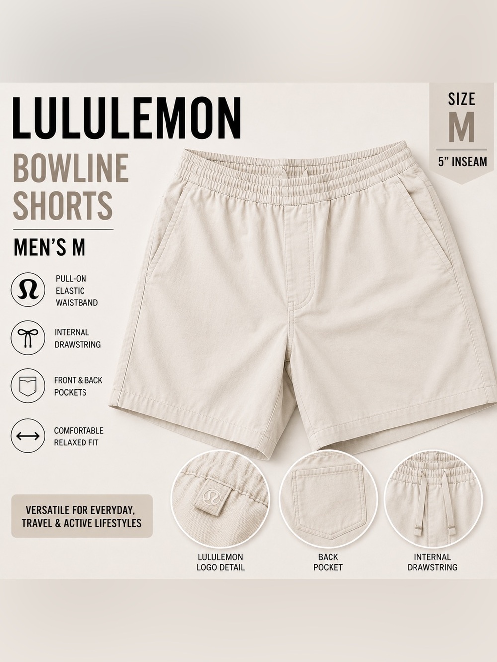 Lululemon Bowline Shorts Men’s M Light Tan 5” Pull-On Drawstring